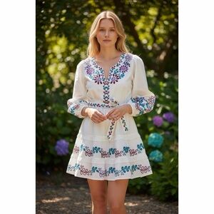 ROLLER RABBIT ANTHROPOLOGIE Boho Embroidered Long Sleeve Tie Waist Dress S